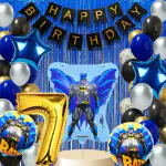 House of Banter Batman superhero Theme Birthday Decoration Set for Kids Birthday- 69Pc - 60 Balloons, 2 Blue Curtains,7th Birthday Celebrations ( Bat superhero Birthday Theme Decorations for Boys / Kids Party / Adults )