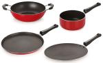 Nirlon 4 pcs of Red and Black 3 Layer Non-stick Aluminium Coated Dishwasher Safe Kitchenware Essential Combo Set, Standard