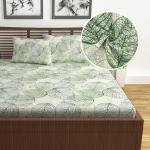 Divine Casa 100% Cotton Dry Leaf Printed Elastic Closing Double Bed Fitted Bedsheet with 2 Pillow Cover (Olive Green)