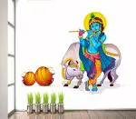Divinedesigns Multicolor Vinyl Krishna And Gau Mata Wall Sticker
