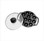 Preet Cookware Cast Iron Paniyaram Appam Pan with Lid, Paniyarakkal, Appe ponganalu Pan Chatti paddu Maker cast Iron 12 Cavity Induction Base_