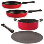 Nirlon 4 pcs of Red, Black Non-stick Aluminium Kitchen Cookware Set with Bakelite Handle Standard