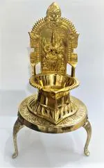 NAAYAGI - Kanchipuram KAMAKSHI VILAKKU / Diya - 7 INCH HIGH WITH BRASS CHOWKI / STAND ( GOLD COLOR )