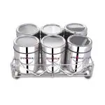 STOVIGLIE Stainless Steel Masala Dabba| Spice Container| Kitchen Jars and Containers| Storage Container| Masala Dani with Stainless Steel Spoon| Containers with Steel Stand (Large | 6 in 1 | Square)