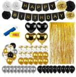 Festiko Happy Birthday Decoration Items Set Of 58Pcs (Hbd Banner, Golden Foil Curtains, Heart Shaped Foil Balloons, Pom Pom, Latex Balloons With Balloons Pump )