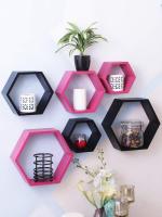 Home Sparkle Pink Black Wood Hexagonal Design Floating Wall Shelf (Set of 6) 27.5X9X25 cm