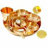 Prisha India Craft Pure Copper Dinner Set of Thali Plate, Bowls, Spoon, Fork, Glass, thali Diameter 12 Inches