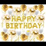 SV Traders Happy Birthday Decoration Golden/White Theme Combo Kit Of 54Pcs-Golden Foil HBD(13)+Confetti Balloons Golden(5)+Metallic Balloons Golden(20)+White(15)+Balloon Curling Ribbon(1)