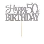 Festiko Happy 50th Birthday Cake Topper, Glitter Card In Silver For Cake Decoration, Birthday, Anniversary, Engagement, Graduation