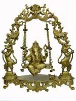 Kalarambh Brass Kaman Ganesha with Jhula/Ganesh/Ganpati Idol Murti Statue for Home Pooja Puja Mandir Decor Collectible Handicraft Art, Yellow, 15.5 x 5 x 18 Inch (L x W x H)