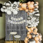 Special You Happy Birthday Decoration Items DIY Kit For Girls and Boys with Metallic Silver, White and Brown Colour Balloons, White HBD Banner and Silver Fringe Curtain for Perfect Background - 65 Items