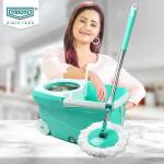 Unique Plastic Mop Bucket With Steel Wringer Basket 1 Floor Magic Mop Stick and 2 Microfiber Refills l Green