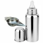PGD Plain Silver Stainless Steel Baby Feeding Bottle with Flat Feeder Spoon (0-24 months) - 300 ml