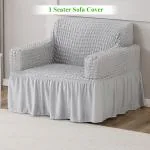 HOKIPO Elastic Stretchable Turkish Bubble Sofa Frill Cover for 1 Seater, Ash Grey (AR-4602-B7)