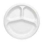 Vert-On White Sugarcane Bagasse 9 Inch 3 Compartment Compostable Round Natural Plates (Pack Of 50)