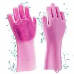 KitchenFest Silicone Rubber Scrubbing Gloves for Dish Washing and Pet Grooming (Multi Color, 1 Pair)
