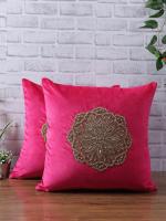 Eyda Fuchsia Velvet Beaded Cushion Cover (Set Of 2)