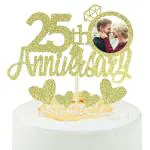Zyozique Gold Glitter 25th Anniversary Cake Topper with Diamond Ring Heart Cake Decorations Set for 25th Wedding Graduation Retirement Company Celebration Party - Pack of 5