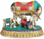 Idol Collections Multicolor Brass Baby Krishna Drinking Cow's Milk, 10.5 Inch