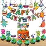 Festiko 34 Pcs Monster Birthday Party Decorations, Happy Birthday Decoration, Monster Theme Decoration For Kids Boys Adults Party Supplies Combo Banner, Swirls, Cake Topper, Cup Cake Toppers