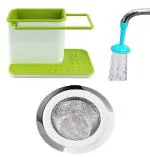 Inditradition 3 Pieces Kitchen Sink Organizer Combo Pack | Sink Soap, Brush Stand + Sink Drainer Strainer + 360 Degree Rotating Water Saving Faucet Sprayer (Multi-Colour)