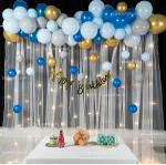 Birthday decorations for boys , Black and Gold Balloon Decoration DIY Combo Kit with white net Curtain cloth and Fairy Lights - 70 pc ,Balloons, LED, Garland Arch Tape, backdrop , theme