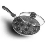 SUNDRY Smart Spatter Appam Pan Heavy-Weight Non-Stick appe Paniyarakkal Maker with Glass Lid, Cast Aluminium, Silver Grey