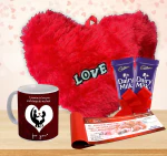 Midiron Romantic Gift for Girlfriend/Wife/Woman| Chocolate Gift Box Combo| Combo Gift for Birthday, Anniversary & Valentine,s Day| Chocolate Bars with Printed Mug, Soft Heart Cushion and Love Cheque Book