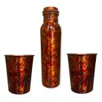 AYURVEDACOPPER Antique Pure Copper Bottel And Two Glass Set For Gifting And Self Use (Pink Print)
