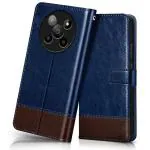 Fashionury Flip Back Cover Case for Lava Agni 2 5G | Genuine Leather Finish | Designer Button | Inbuilt Pockets & Stand | Flip Cover Back Case for Lava Agni 2 5G (Blue with Coffee)