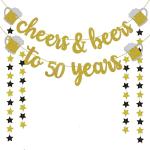 Festiko 50th Birthday For Men, Women, 50th Birthday Gifts, Cheers, Beers To 50 Years Gold Glitter Banner, 50th Anniversary For, 50th Wedding Supplies For Couple