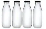 Mkd2 Rise Transparent Glass Bottles Storage Container for Kitchen 500 ml with Airtight Black Cap (Set of 4) Ideal to Store Water, Milk, Juice & Oil
