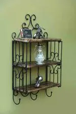 WoodenTwist AFR1019 Brown Wood, Wrought Iron Kitchen Wall Rack Shelf With Hanger