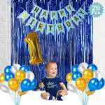 FANEX Solid Happy Birthday Decoration Combo 1 Birthday Banner, 24 Balloons, 3 Foil Curtains,1 Foil Number Balloon and Baby 1st birthday Balloon