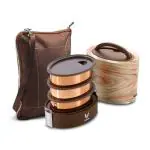 VAYA TYFFYN Maple Oval Shape Copper Finished Stainless Steel Lunch Box with 3-Containers and Bagmat, 1000 ml