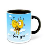 Whats Your Kick Love Theme I Love You Bee Couple Design Printed Black Ceramic Coffee Mug and Tea Mug 325ml