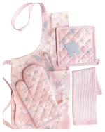 PIXEL HOME DECOR Pink Blossom Cotton Apron With Oven Mitt And Pot Holder With Kitchen Towel, 60 X 85 Cm