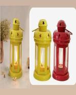 AMAZING ANTIQUE Hanging Lantern Decorative Tea Light Holder Home Decor Yellow & Red Color Iron Lamp with Candle Tealights & Festive Decor Pack Of-3
