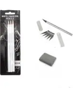Pehrovin Ventures Sketching Kit With White Charcoal Pencils (Set Of 3) + Detail/Precision Knife (1) + Detail Knife Blades (5)+ Kneadable/Kneaded Eraser (1) For Sketching, Shading On Black Paper