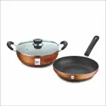 Home Zone -3 Pcs Induction Bottom Non-Stick Cookware Sets (Kadai With Glass Lid 22 cm, Fry Pan 22 cm)