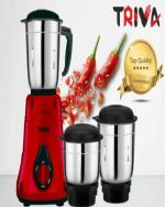 TRIVA 500Watt REDBERRY Original Mixer Grinder with 3 Stainless Steel Jars ( 1250 ML Liquidizing, 800 ML Grinder, 400 ML Chutney Jar), Shock Proof Abs Body & Razor Sharp Stainless Steel Blades & Copper Bush Jars & Copper armature Motor, COLOUR RED Berry, 1