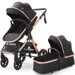 StarAndDaisy EasyGo Travel Friendly Luxury baby and Kids stroller / pram / buggy , Pushchair with high landscape seat, one-push folding, convertible bassinet design (Black with Golden Tubes)