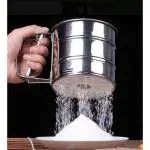 Tryakshaay Stainless Steel Mesh Flour Sifter for Baking Double Layer Shaker Sieve Tool Cup with Handle One Hand Press Crank Sifter for Powdered Sugar Duster Food Strainer Steel Baking Flour Sifter Atta Chalni 1 Pcs