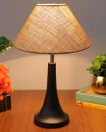 Homesake Black Metal Table Lamp with Fabric Shade, B22 holder, Cone, Jute Cone