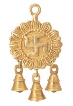Kalarambh Bharat Haat Yellow Brass Swastik Bell Wall Hanging Handicraft Art 10.16 x 2.54 x 16.51 cm