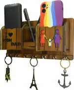 Myenal I Love Mom Dad Key Holder Designer Wooden Key Holder with Two Mobile Pocket and Pen Holder Wood Key Holder (7 Hooks, Brown)