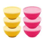 Jaycee Microwave Safe And BPA Free Yellow And Pink Round Plastic Bowl With Lid - 300 Ml (Pack Of 6)