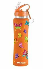 NIRLON Flip Bot Stainless Steel Rubber Finish Water Bottle with Straw Lid for Fridge, School,Gym,Home,Office,Boys, Girls, Kids, Leak Proof(UV Printed Bottle|Butterflies|Sipper Cap)