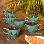 UrbanCrafts Handprinted Turquoise Leaf Ceramic Tea Cups Set of 6