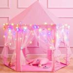 THELHARSA TOYS Play Tents for Girls, Kids Play Tent with Star Lights, Bonus Princess Tiara and Wand, Pink Hexagon Kids Playhouses Indoor & Outdoor, Girl Toy Gifts Age 3+ & Get 10 Multi Color Balls For Free (Pink) (Pink)